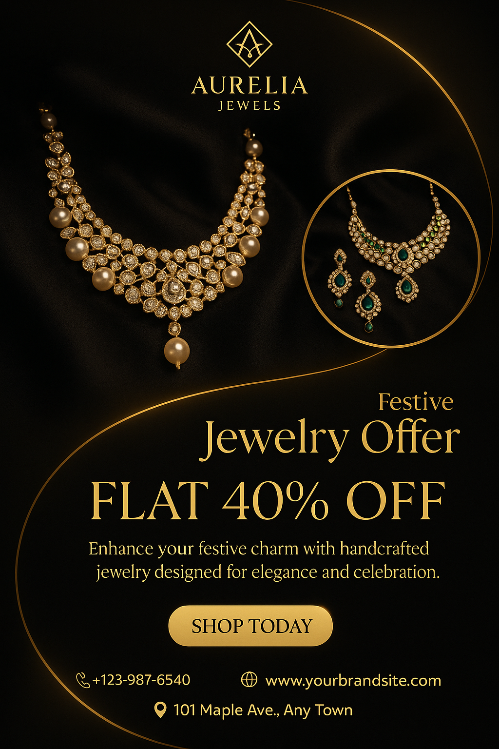 Aurelia Jewels poster – luxury black and gold festive jewelry sale with elegant lighting and typography