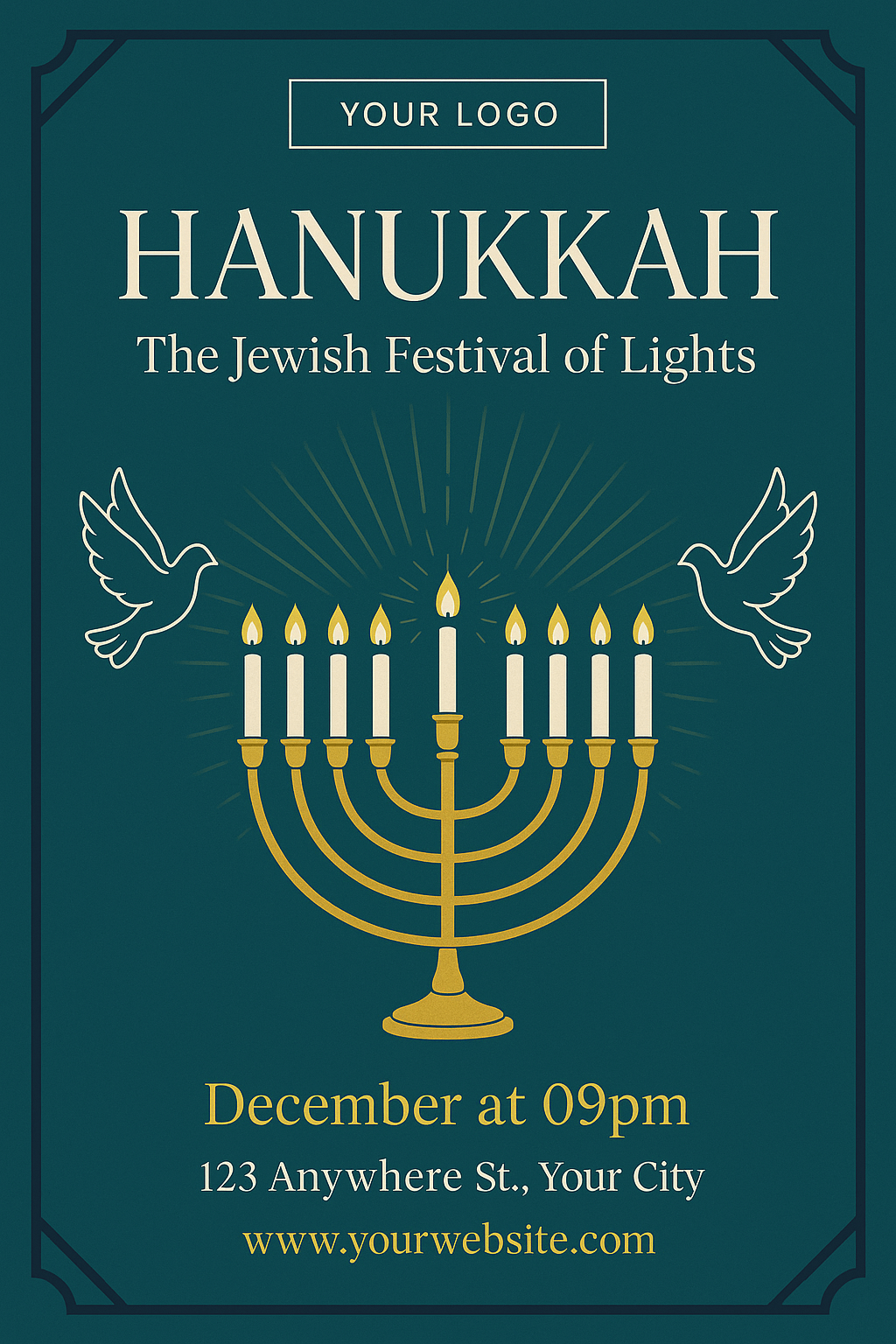 Hanukkah Event Flyer – teal and navy elegant design with menorah, gold text, and modern layout