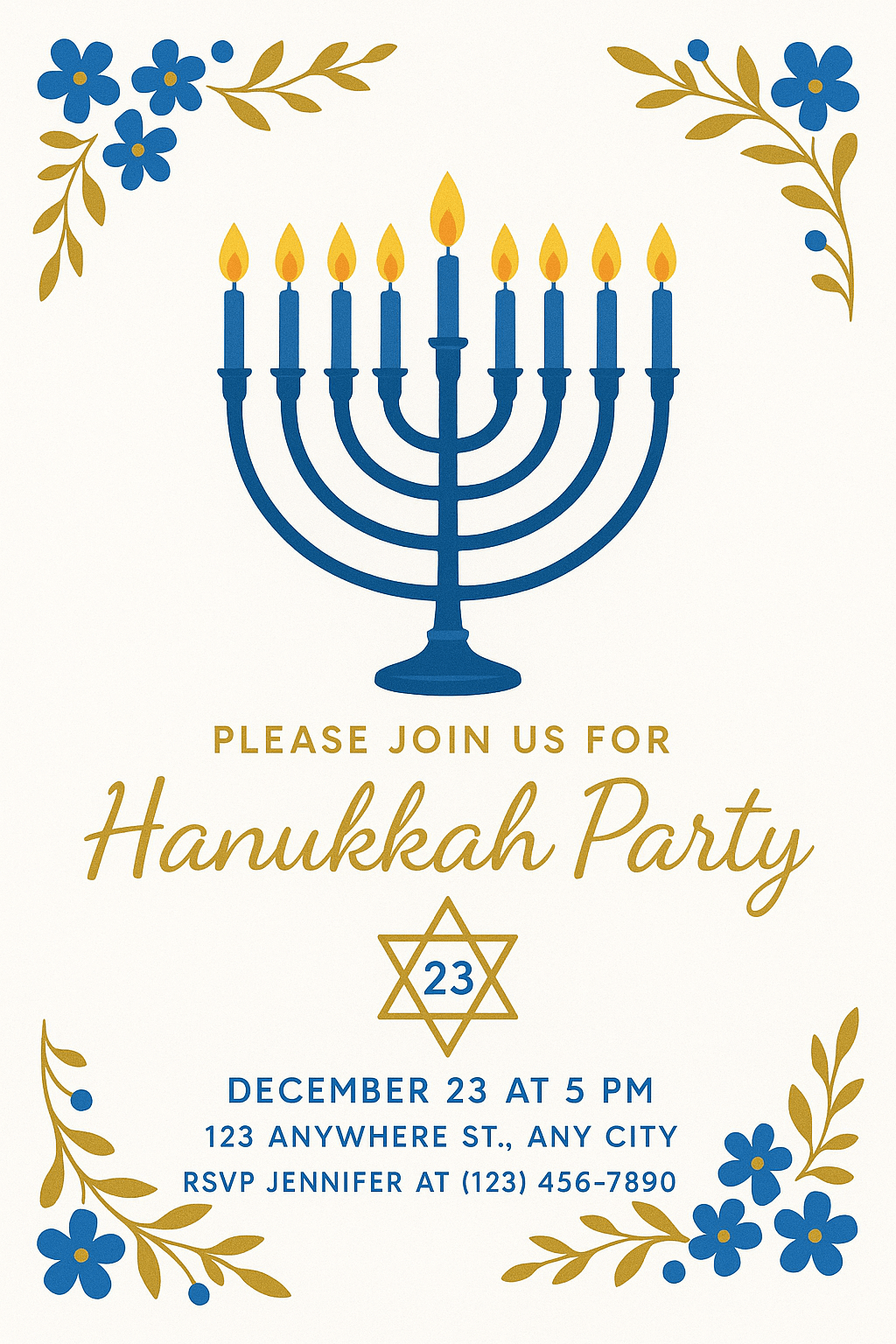 Hanukkah Party Flyer – white, blue, and gold floral theme with menorah and event details