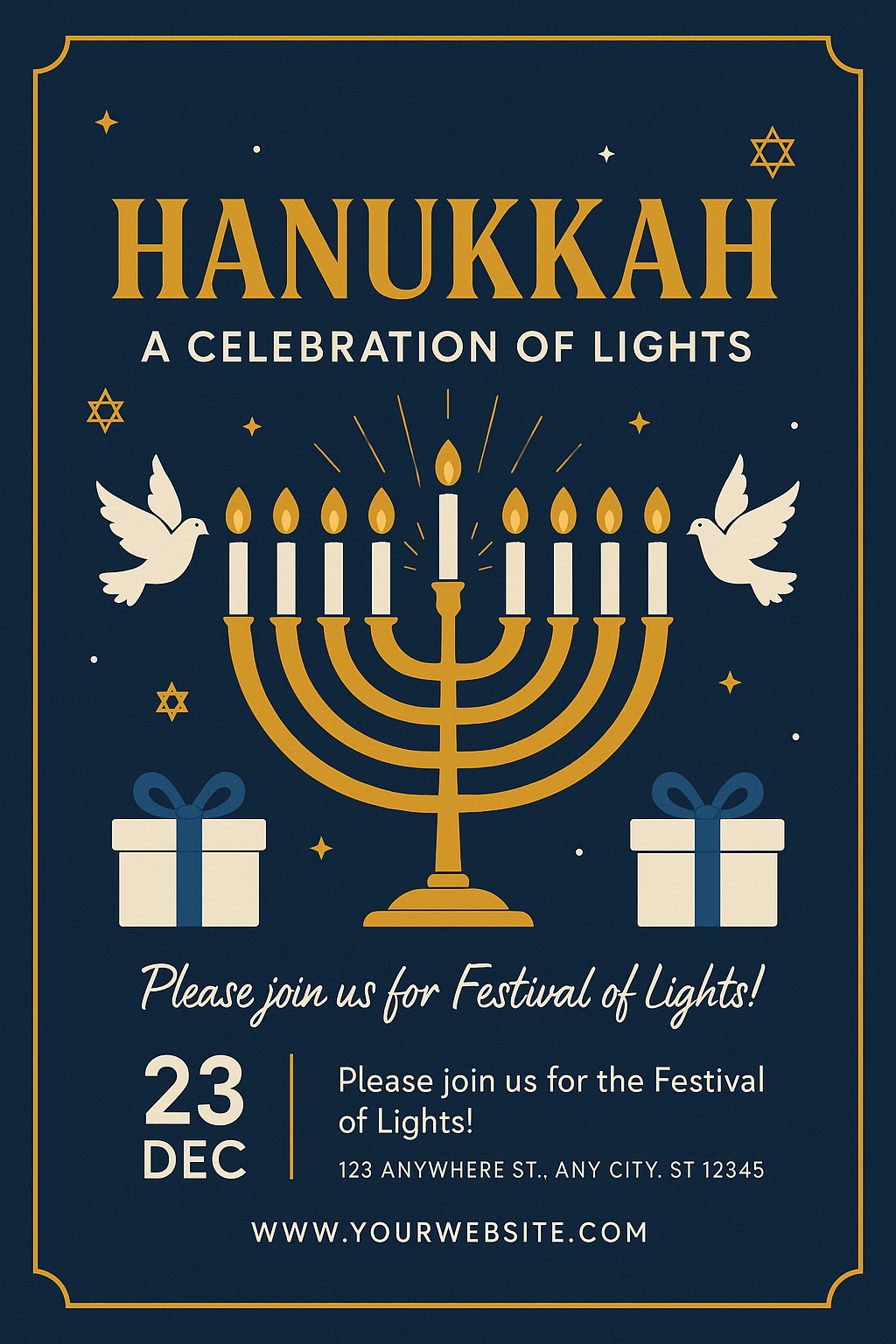 Hanukkah Celebration Flyer – navy blue and gold theme, menorah with candles and doves, elegant holiday design