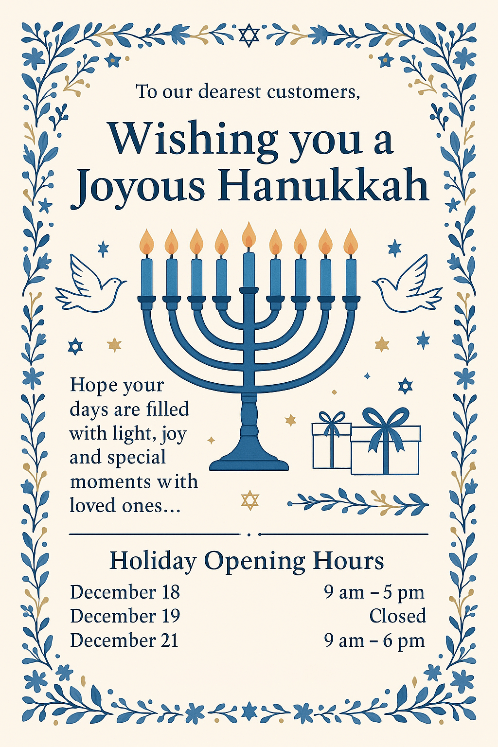 Joyous Hanukkah Greeting Flyer – cream floral border, menorah illustration, warm holiday message