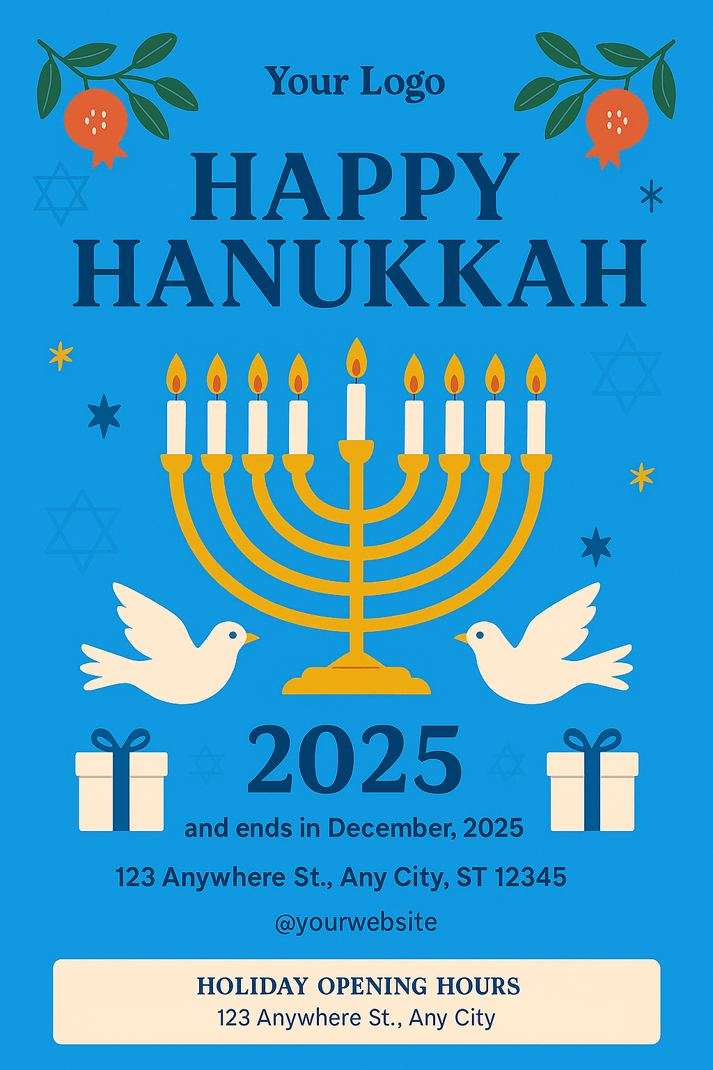 Happy Hanukkah Flyer – bright blue and gold design with menorah, doves, and festive details
