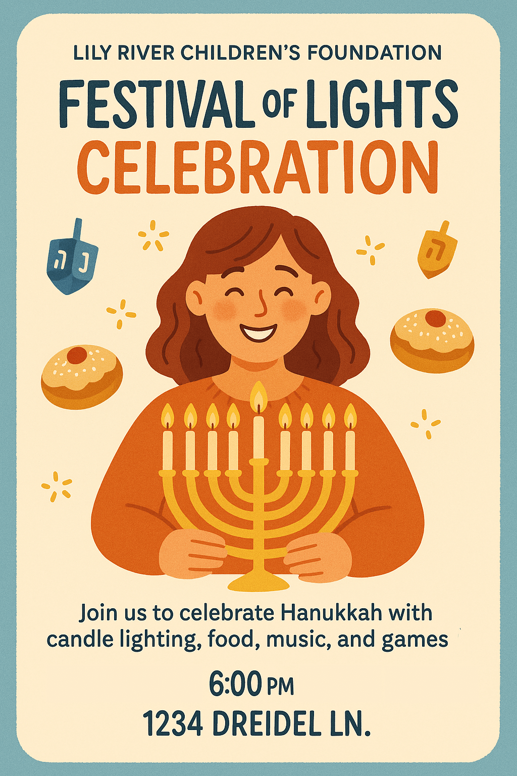 Festival of Lights Celebration Invitation – illustrated woman with menorah, dreidels, and festive cream-blue layout