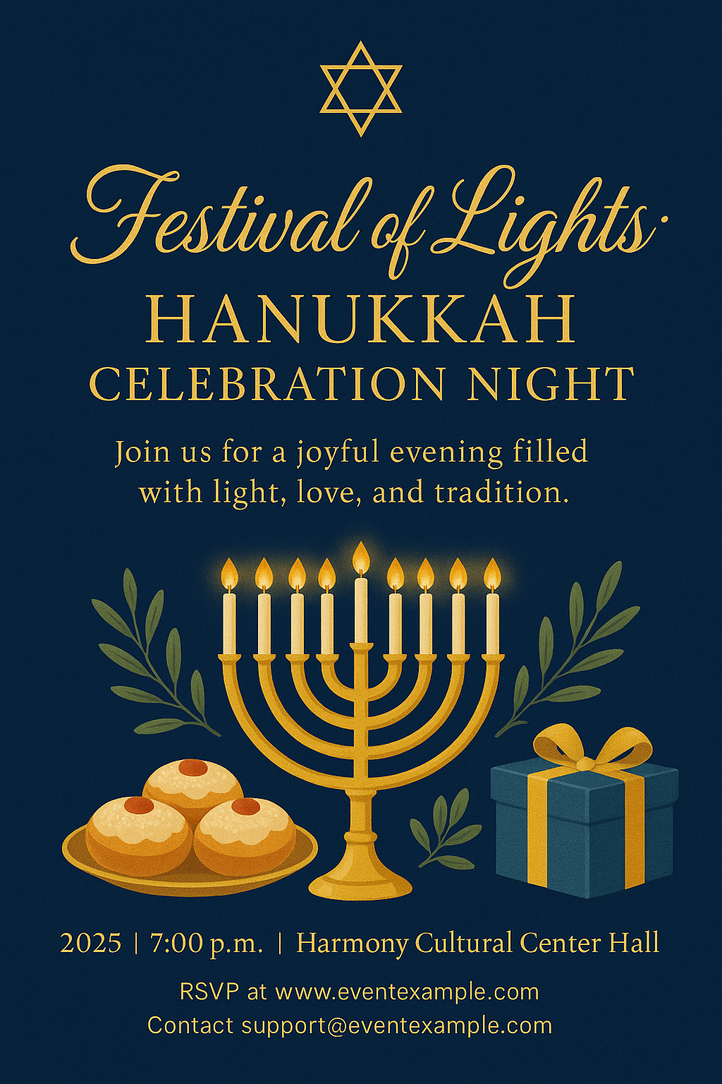 Hanukkah Celebration Night Invitation – deep blue and gold design with menorah, sufganiyot, and elegant typography