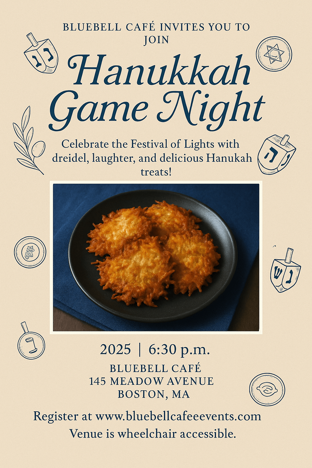 Hanukkah Game Night Invitation – beige and navy design, Bluebell Café event with latkes and dreidel illustrations
