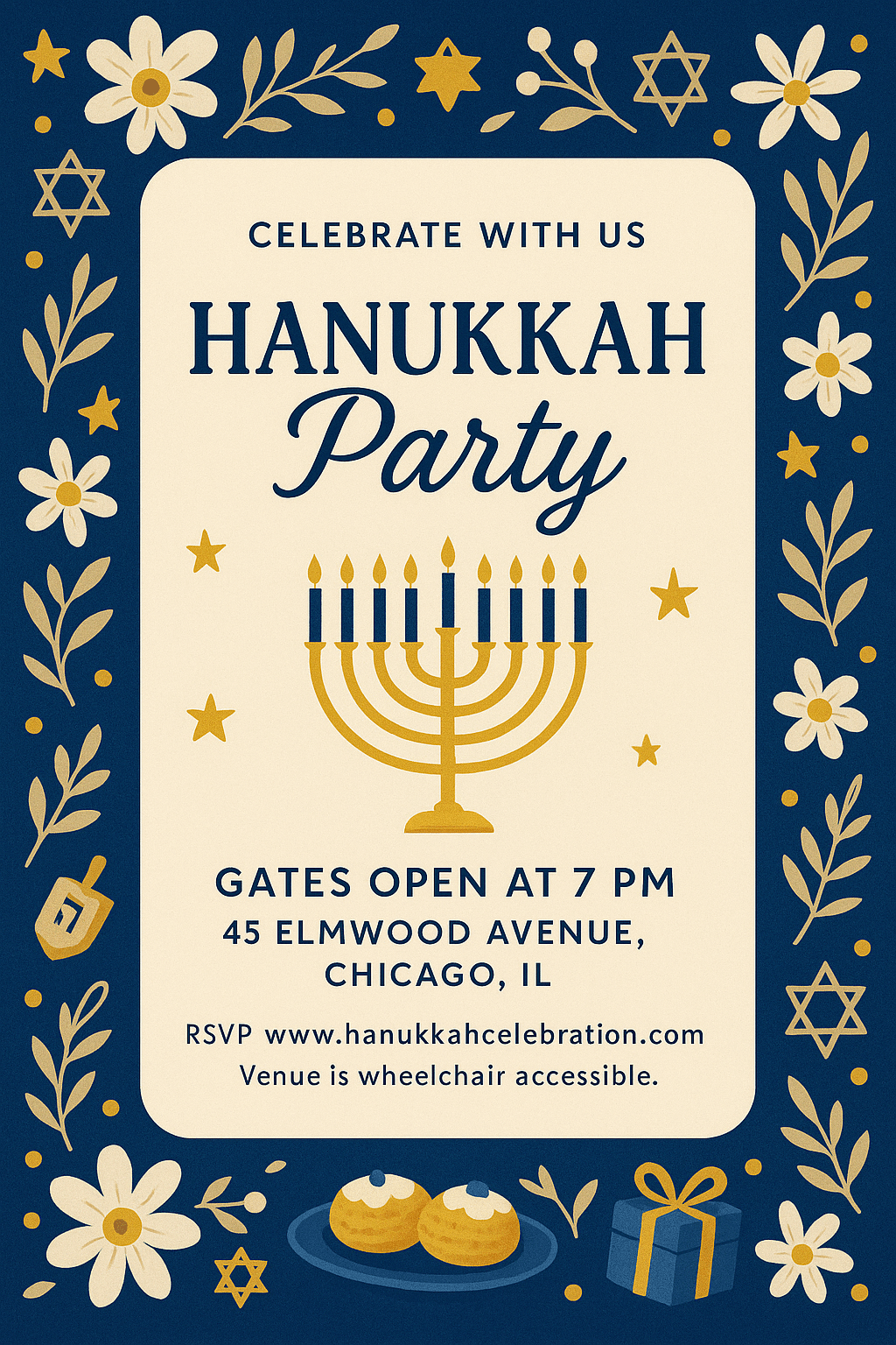 Hanukkah Party Poster – blue floral background, white panel with menorah and navy typography, festive design