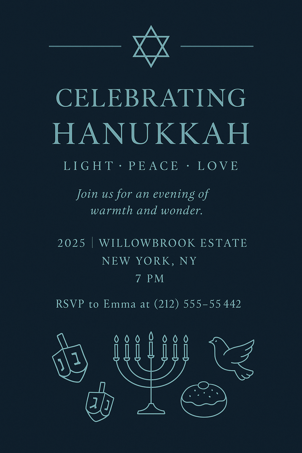 Celebrating Hanukkah Poster – navy and teal minimalist design with Star of David and elegant typography