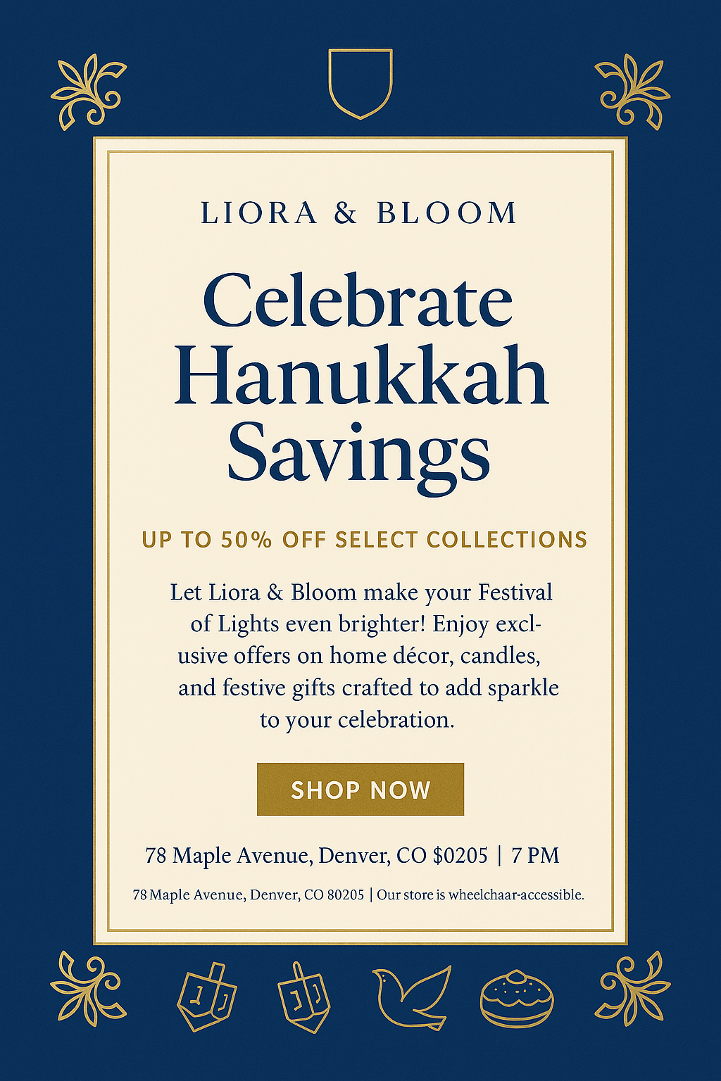 Hanukkah Savings Poster – royal blue and gold Liora & Bloom sale ad, elegant luxury design
