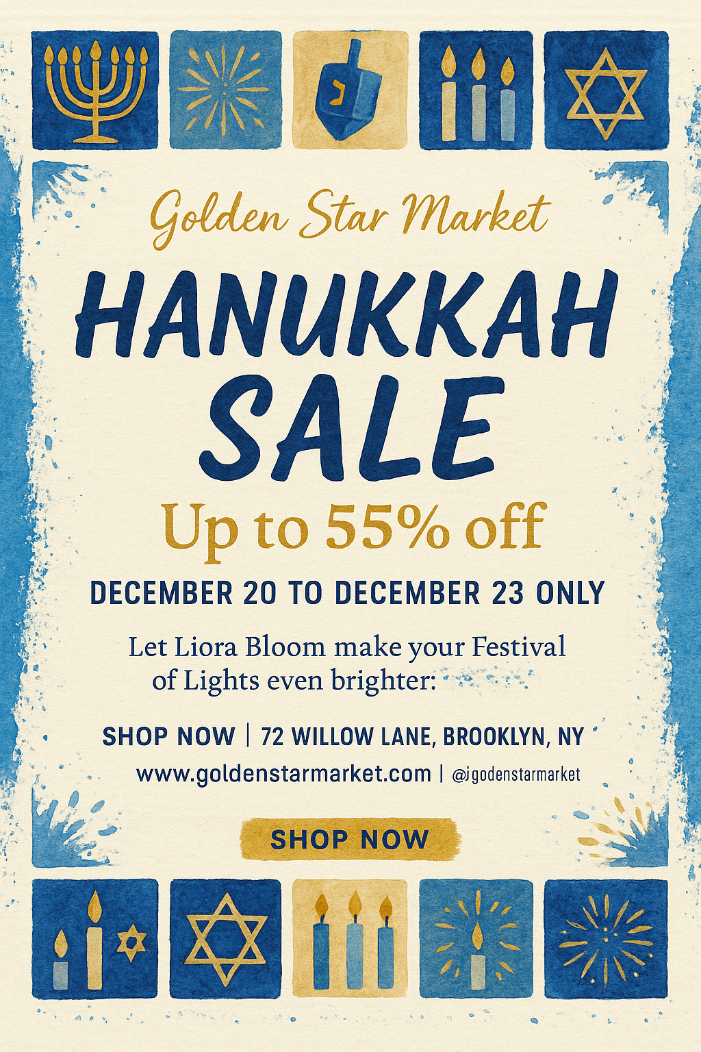 Hanukkah Sale Poster – cream artistic design with menorah and dreidel illustrations, Golden Star Market branding