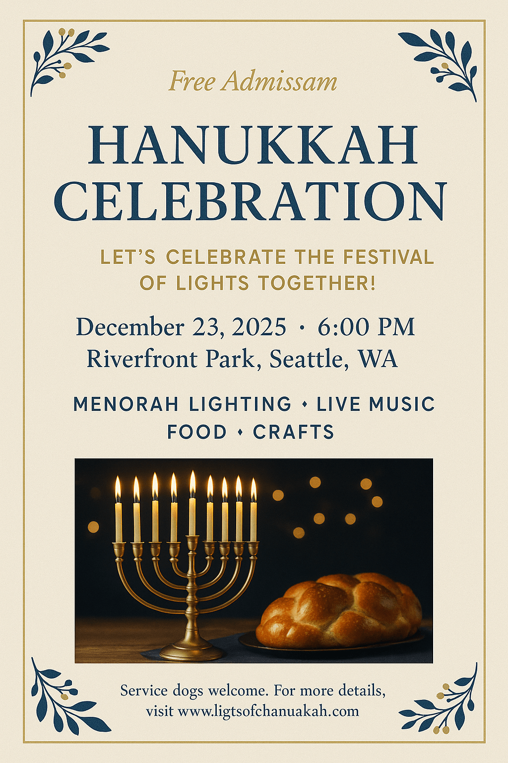 Hanukkah Celebration Poster – cream and gold design with menorah photo, festive community event