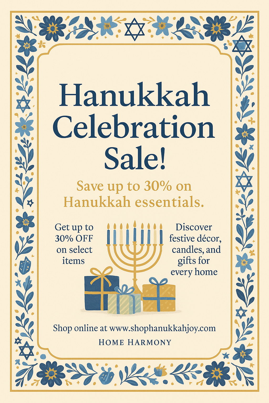 Hanukkah Celebration Sale Poster – cream and blue floral border, festive gift box illustration, cheerful holiday design