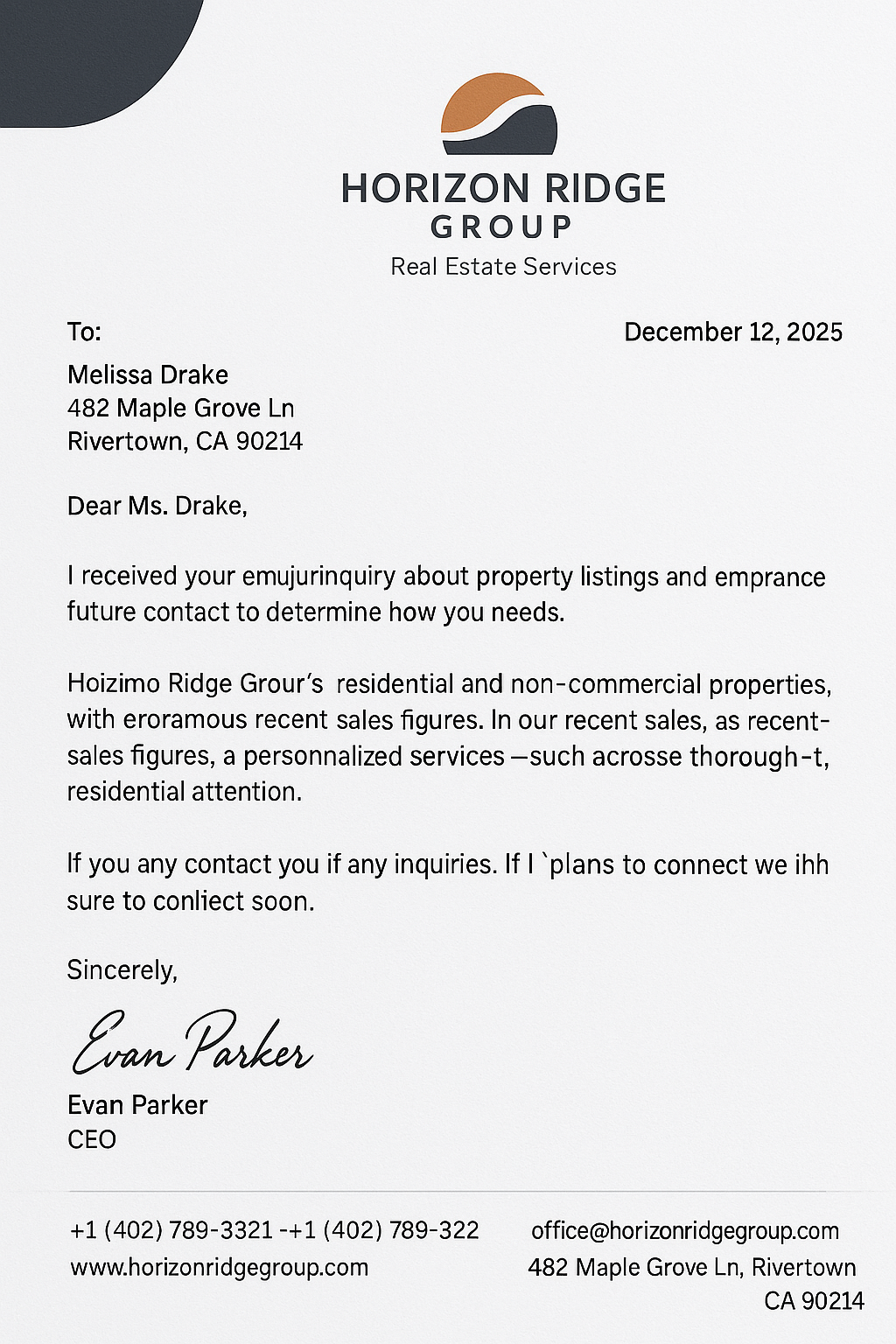 Horizon Ridge Group letterhead – white and charcoal modern corporate layout with orange logo and clean typography