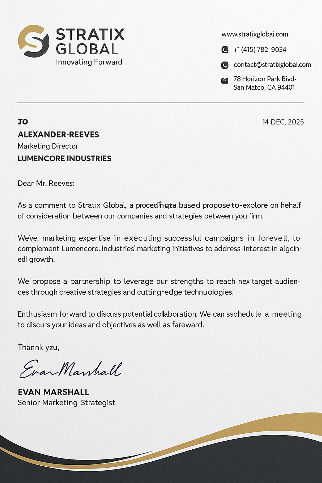 Stratix Global letterhead – light grey geometric background with gold accents and elegant business layout