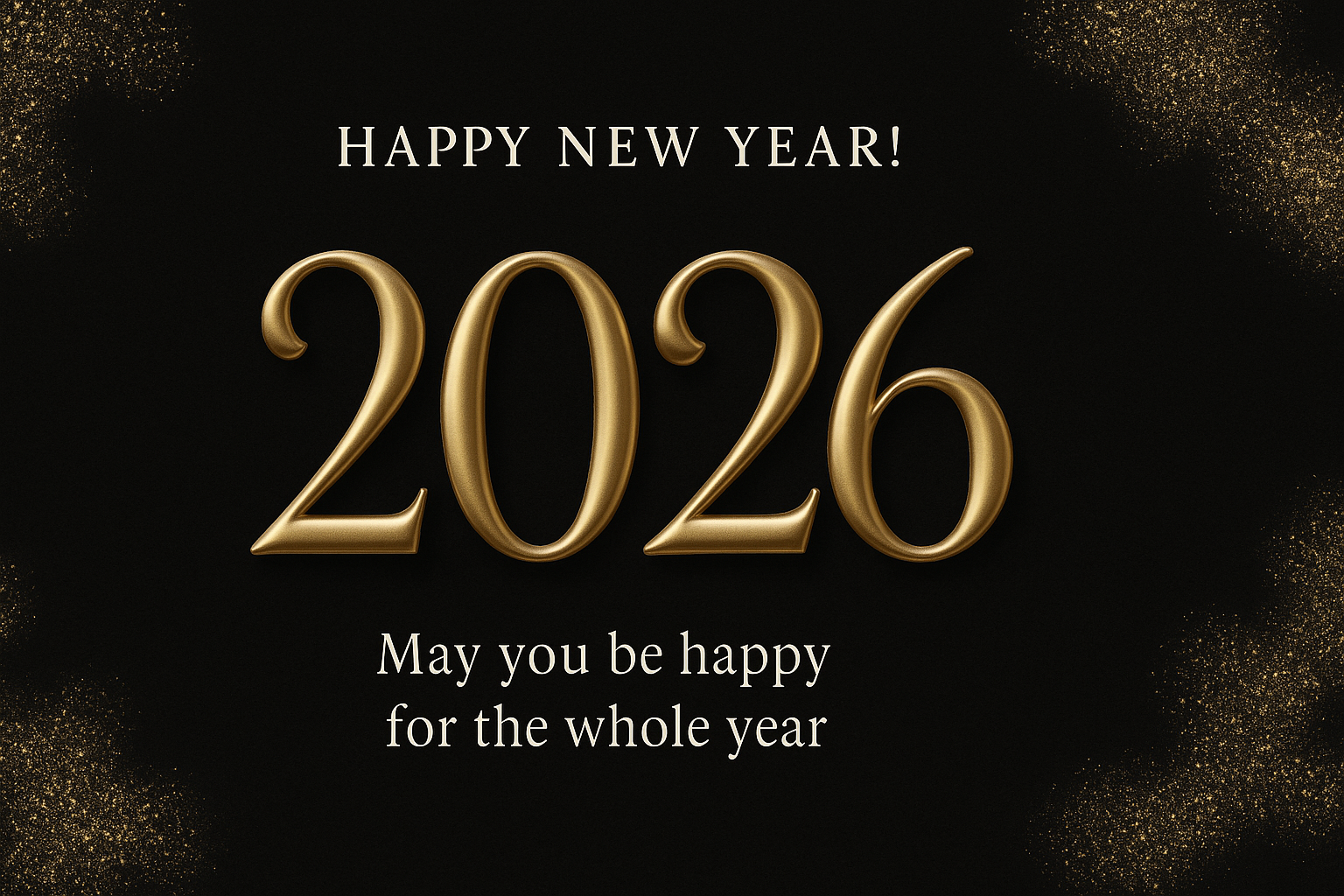 Happy New Year card – black and gold design with white serif headline and 3D metallic 2026 typography