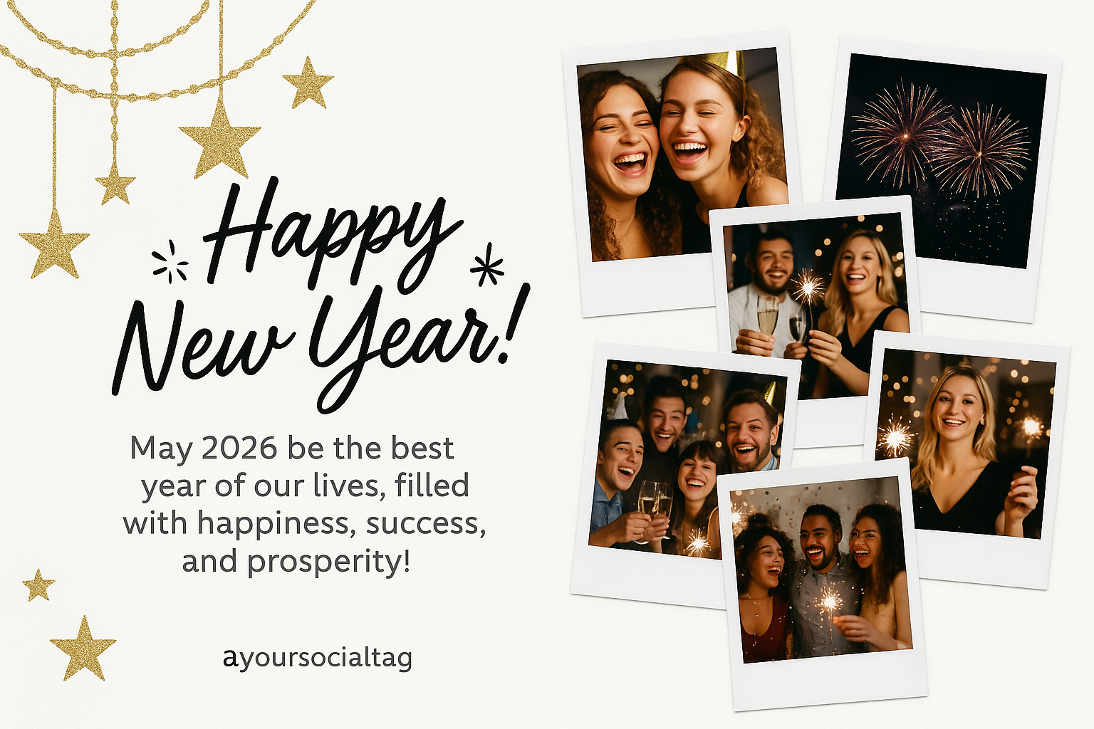 Happy New Year card – white background, gold garlands, Polaroid photo collage, festive and joyful style