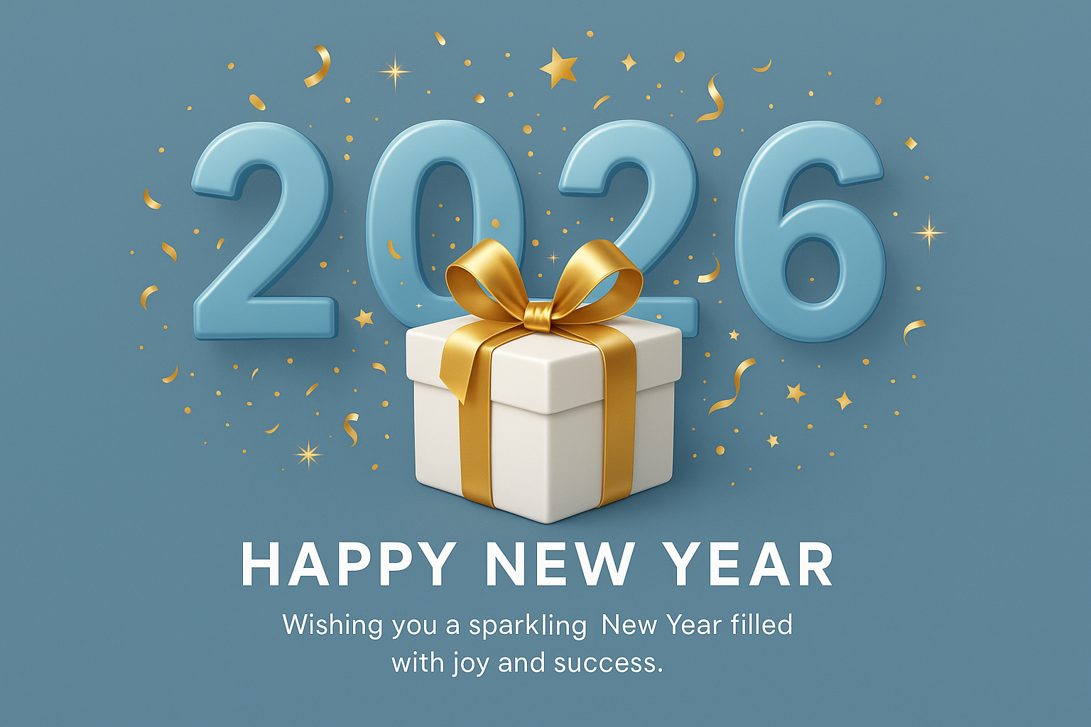 Modern New Year 2026 card – muted blue with 3D numbers, gold gift box, and festive confetti design