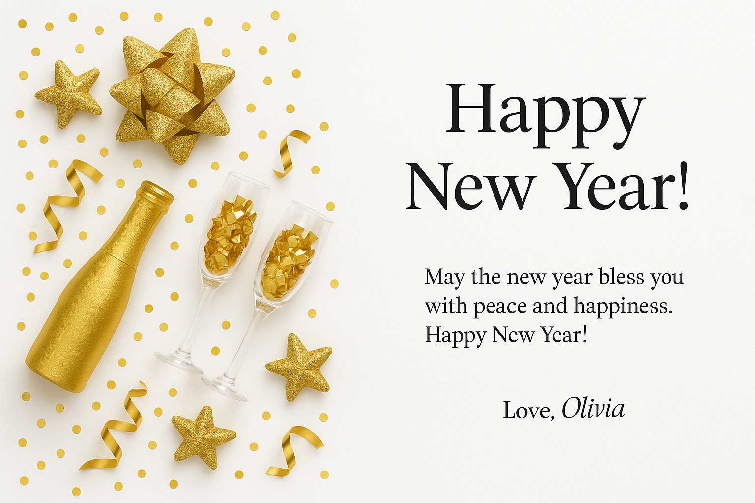 Happy New Year card – white and gold minimal layout with champagne and elegant black serif text