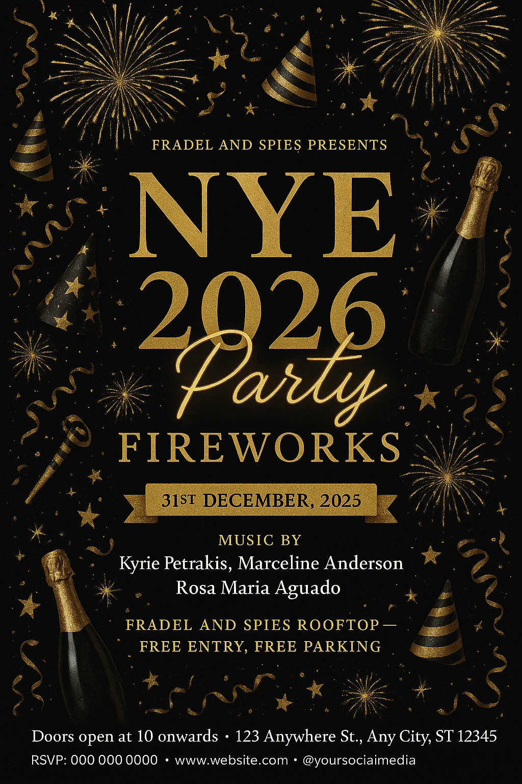 NYE 2026 party flyer – black and gold with fireworks, champagne, and elegant typography