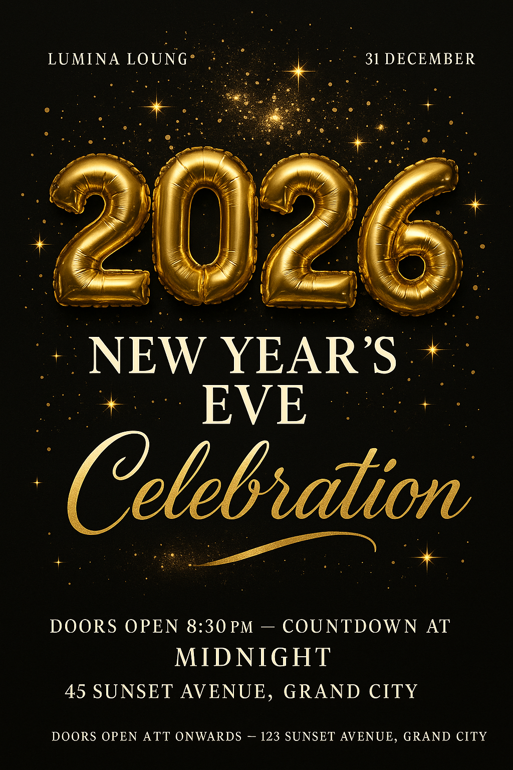 New Year’s Eve Celebration flyer – gold balloon 2026, black background, elegant festive layout
