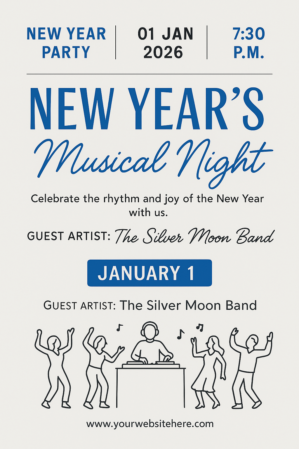 New Year Musical Night flyer – minimal light-grey with blue text, hand-drawn dancers, modern layout