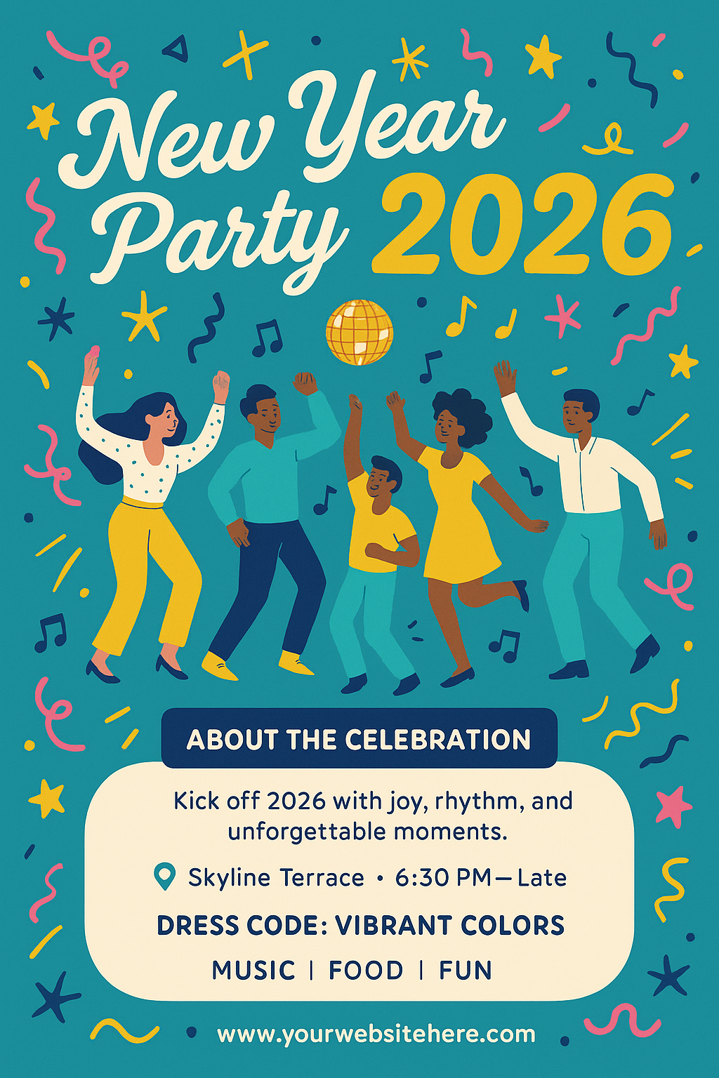 New Year Party 2026 flyer – teal blue, illustrated dancers, retro typography, and playful celebration theme