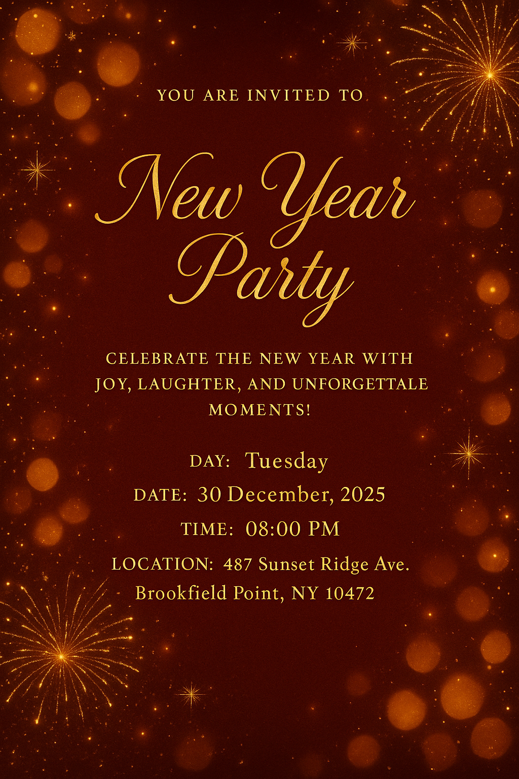 New Year Party invitation – deep red and gold bokeh, elegant festive vertical design