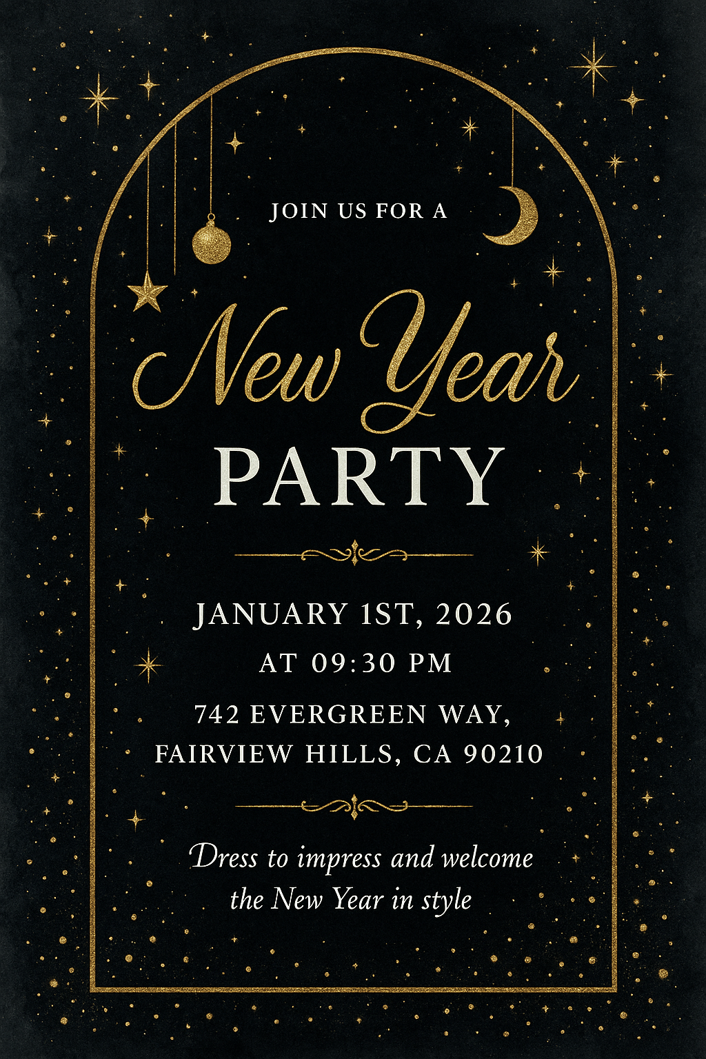 Elegant black and gold New Year Party invitation – arched frame, ornaments, and night-sky sparkle design