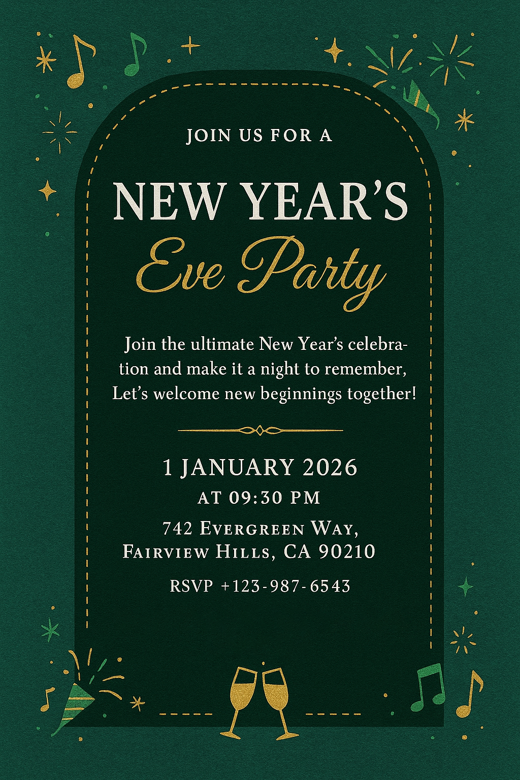 Green and gold New Year’s Eve Party invitation – stitched border, festive music notes, and champagne icons