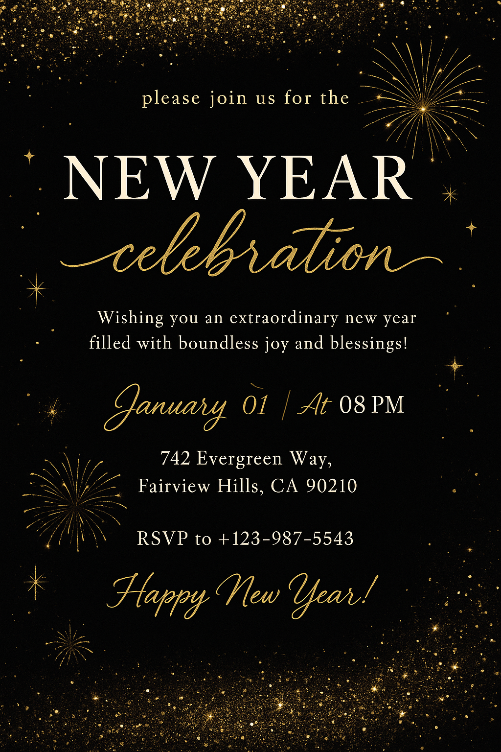 New Year Celebration invitation – black and gold fireworks, glowing typography, festive premium design