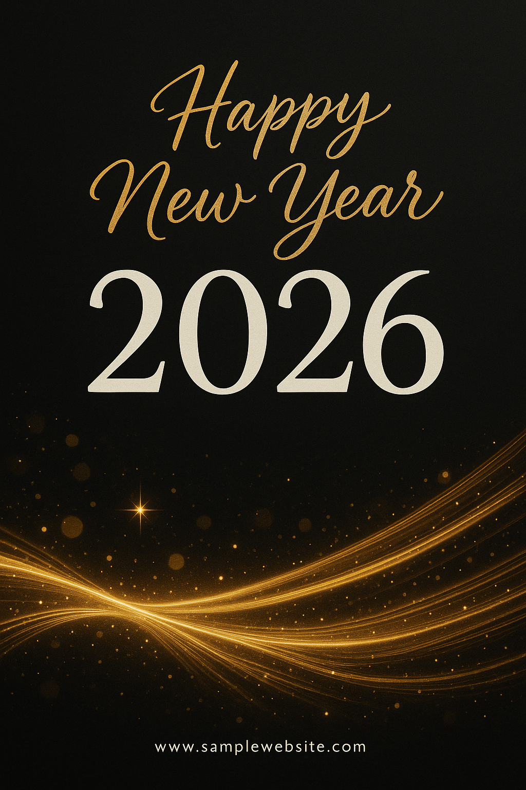 Happy New Year 2026 poster – dark minimalist design with golden trails, sparkles, and elegant typography