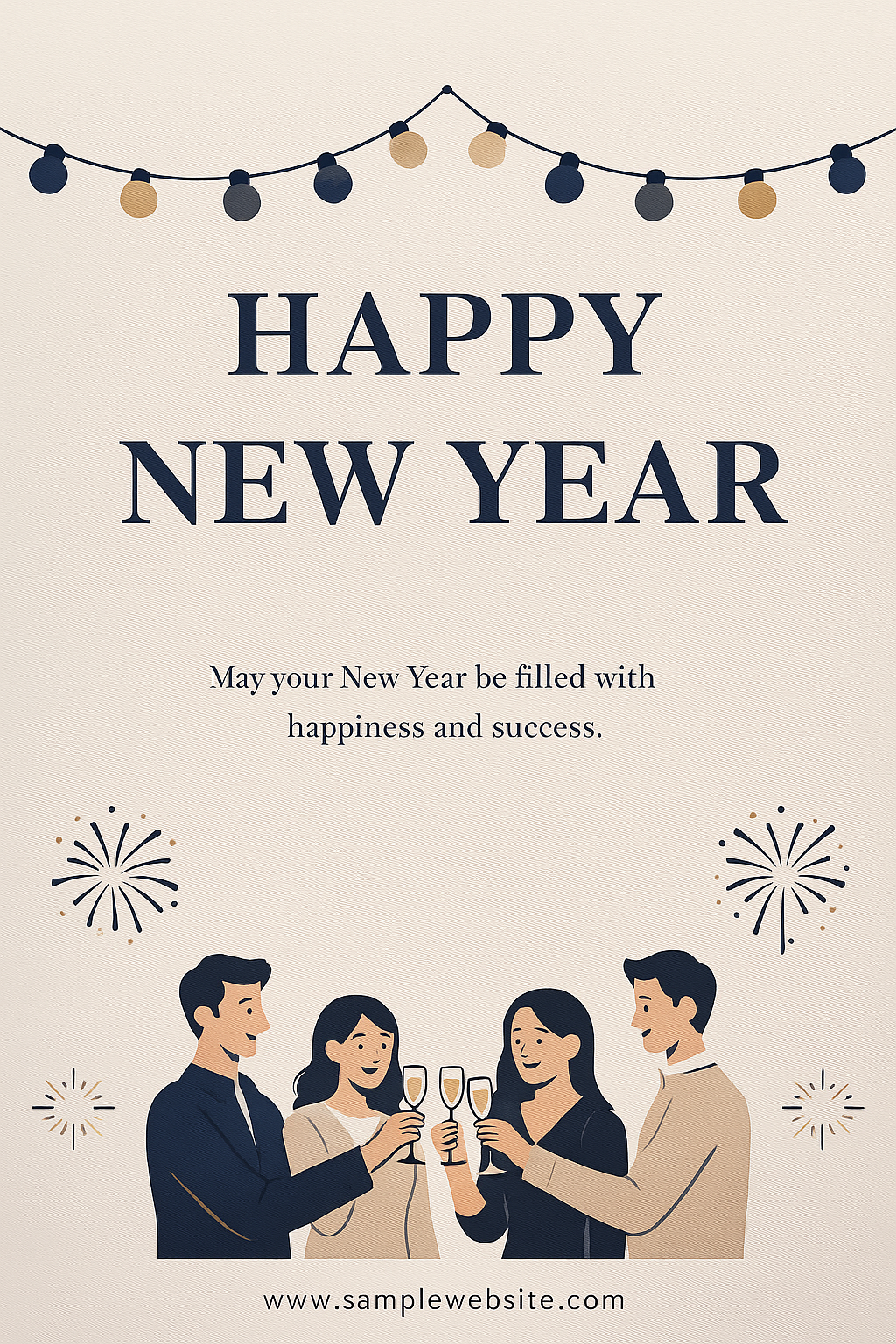 Happy New Year poster – cream background, people illustration, string lights, and festive modern design