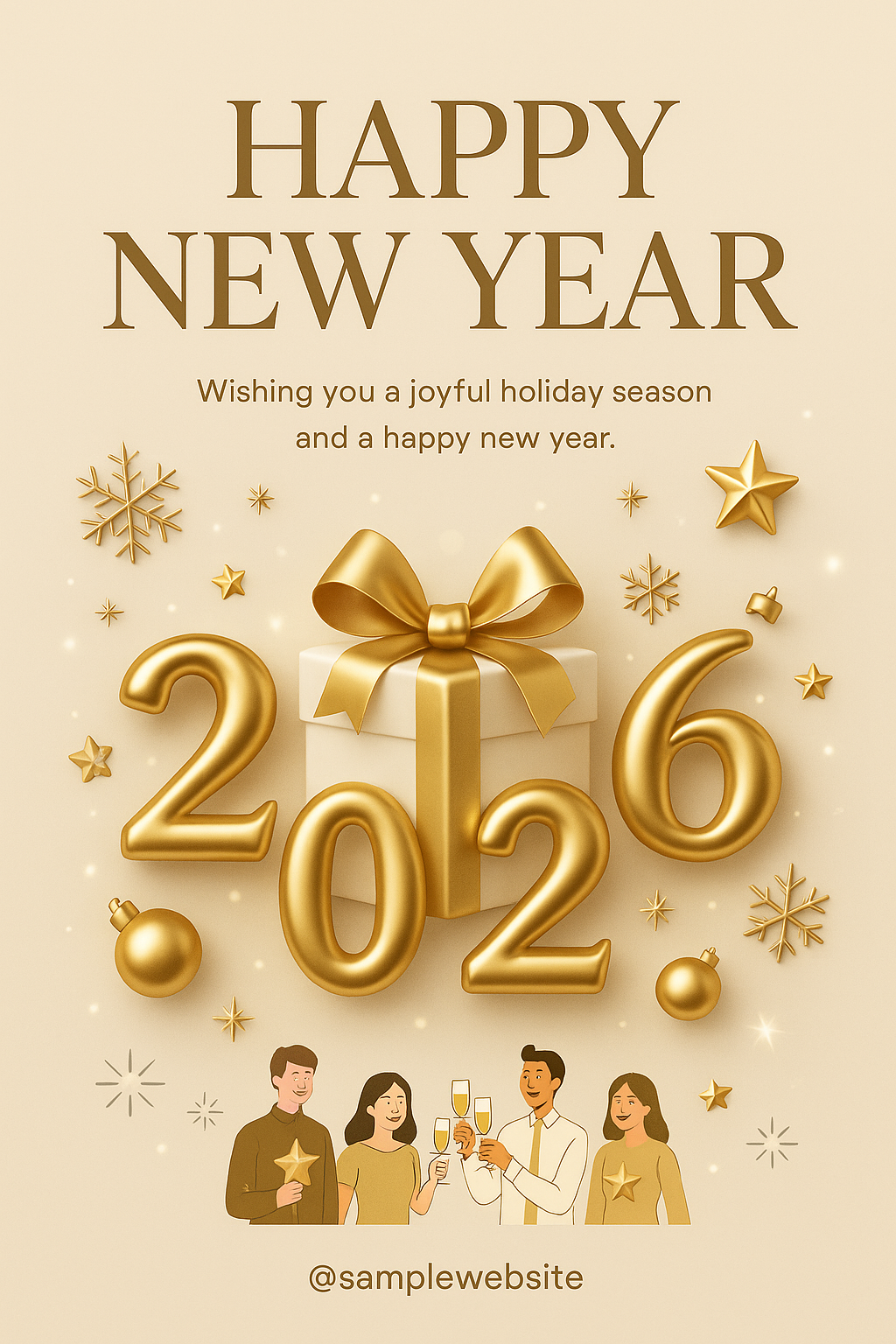 Elegant beige and gold New Year poster — 3D 2026 typography, gold gift box, premium festive theme.