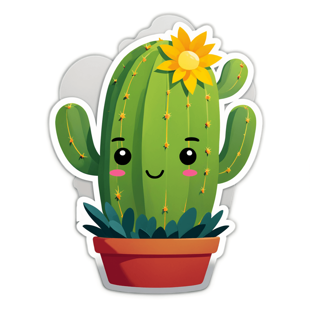 Cute cactus cartoon sticker, smiling plant in pot illustration.