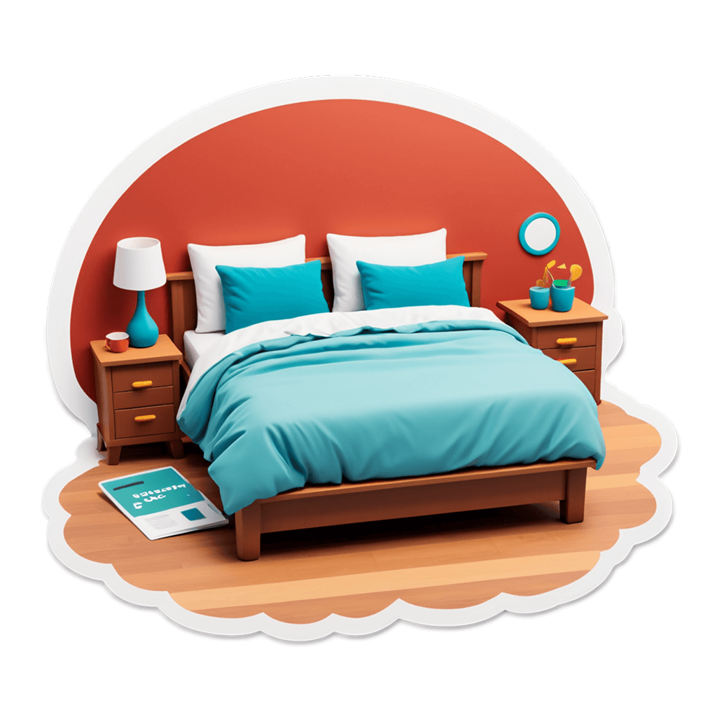 Cozy bedroom illustration sticker, warm inviting room design.