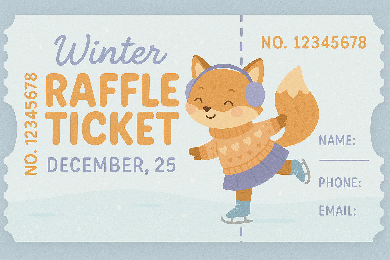 Winter raffle ticket with pastel blue design and skating fox illustration
