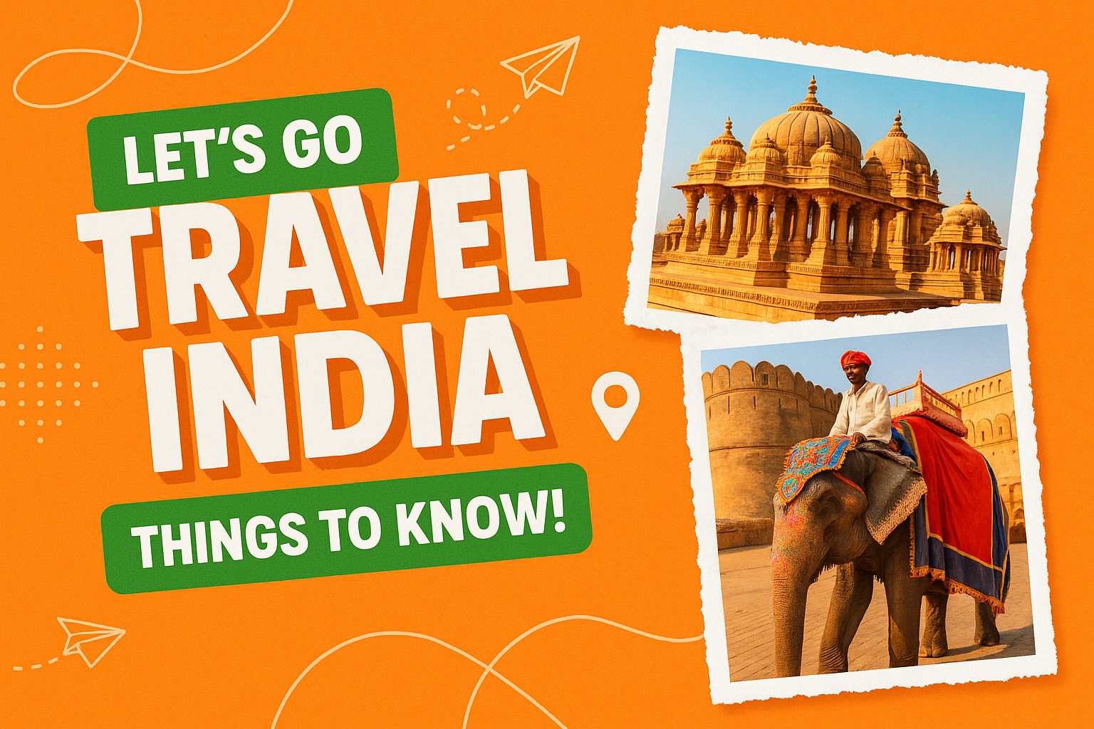 Travel India YouTube thumbnail – bright orange background, torn-photo frames, bold text, and fun doodles