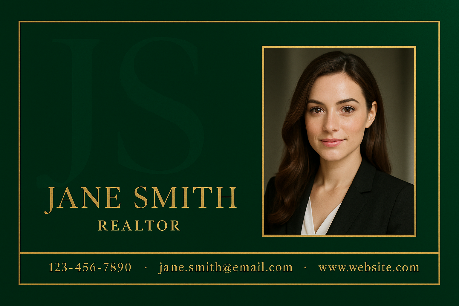 Full-bleed luxury landscape business card — deep green with gold frame, monogram, and realtor layout.