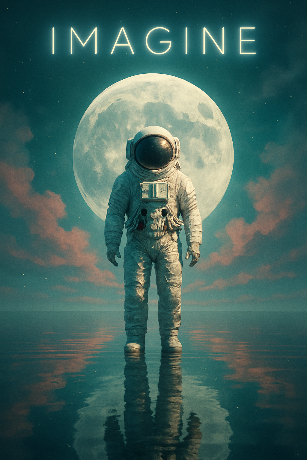 Astronaut reflection wallpaper — moon background, teal night sky, glowing IMAGINE text, surreal sci-fi scene.