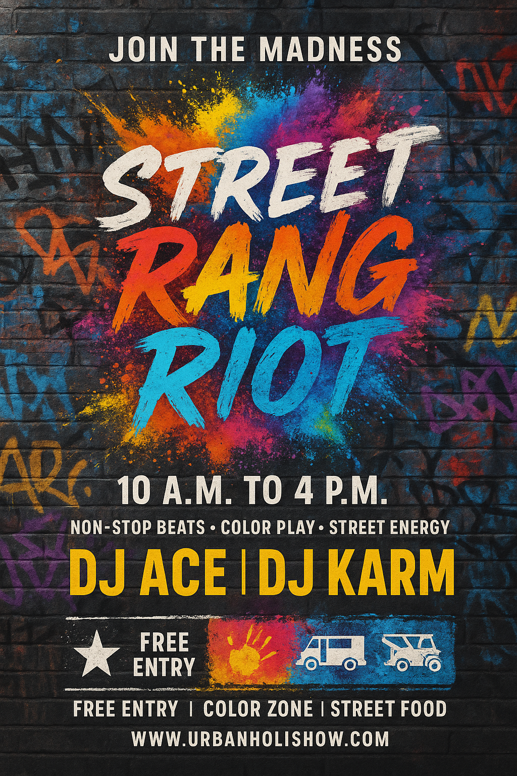 Full-bleed portrait Street Rang Riot poster — graffiti holi street vibe with DJs and bold color splashes.