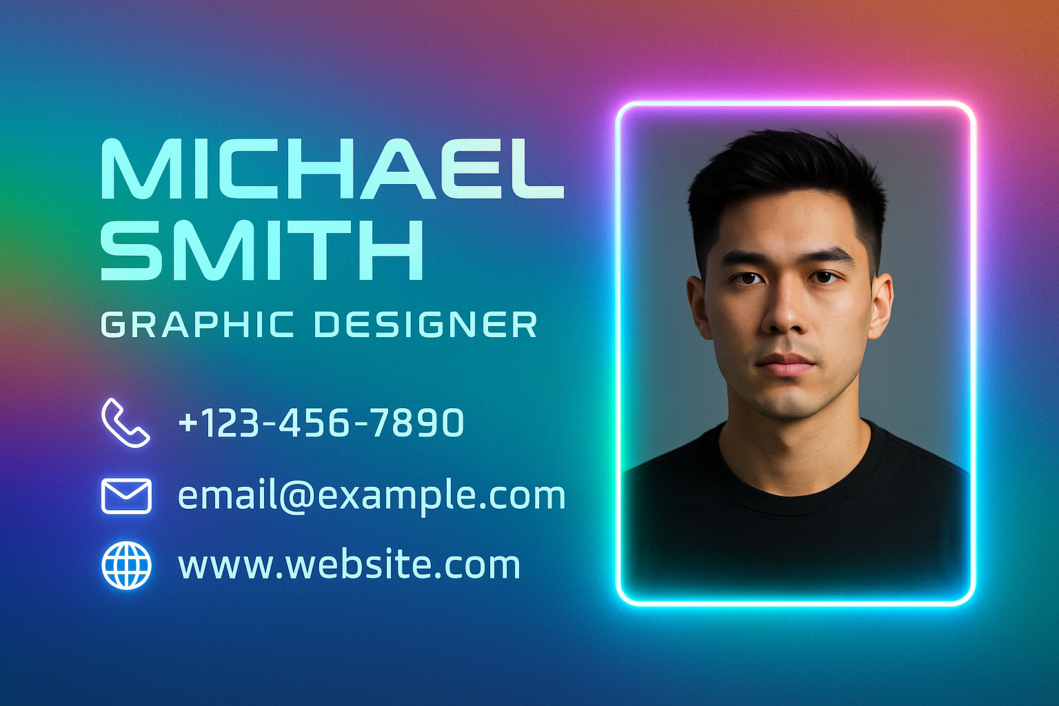Full-bleed holographic landscape business card — neon-glow frame, futuristic layout, and modern photo placement.