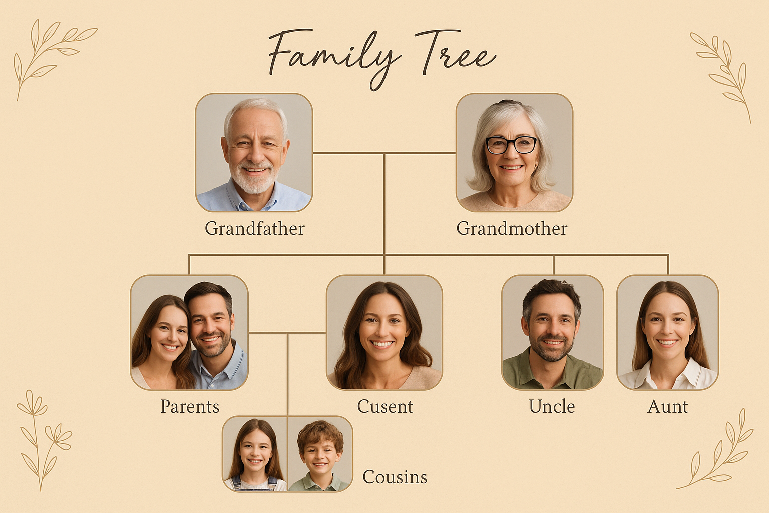 Modern beige family tree — elegant handwritten title, floral corner accents, structured neutral design.