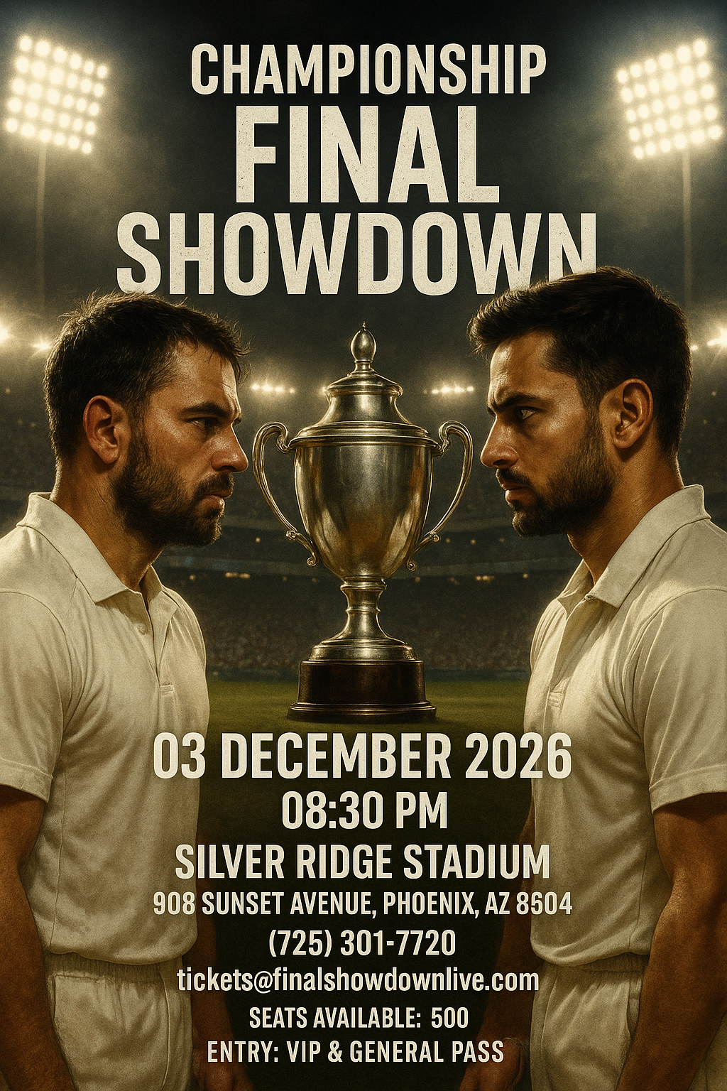 Full-bleed portrait cricket final poster – Championship Final Showdown, trophy face-off under floodlights, intense realism.