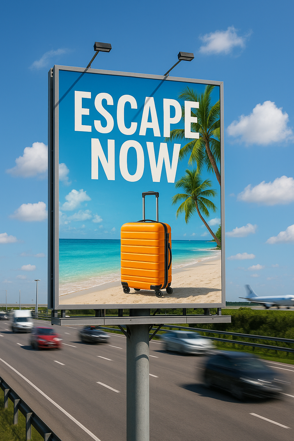 Travel campaign billboard — tropical beach and suitcase, 'ESCAPE NOW' slogan.