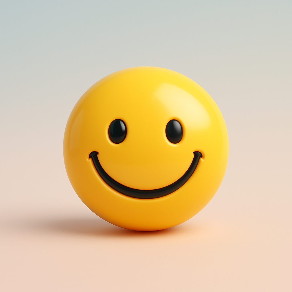 3D happy emoticon — glossy plastic smiley face, pastel gradient background, clean render.