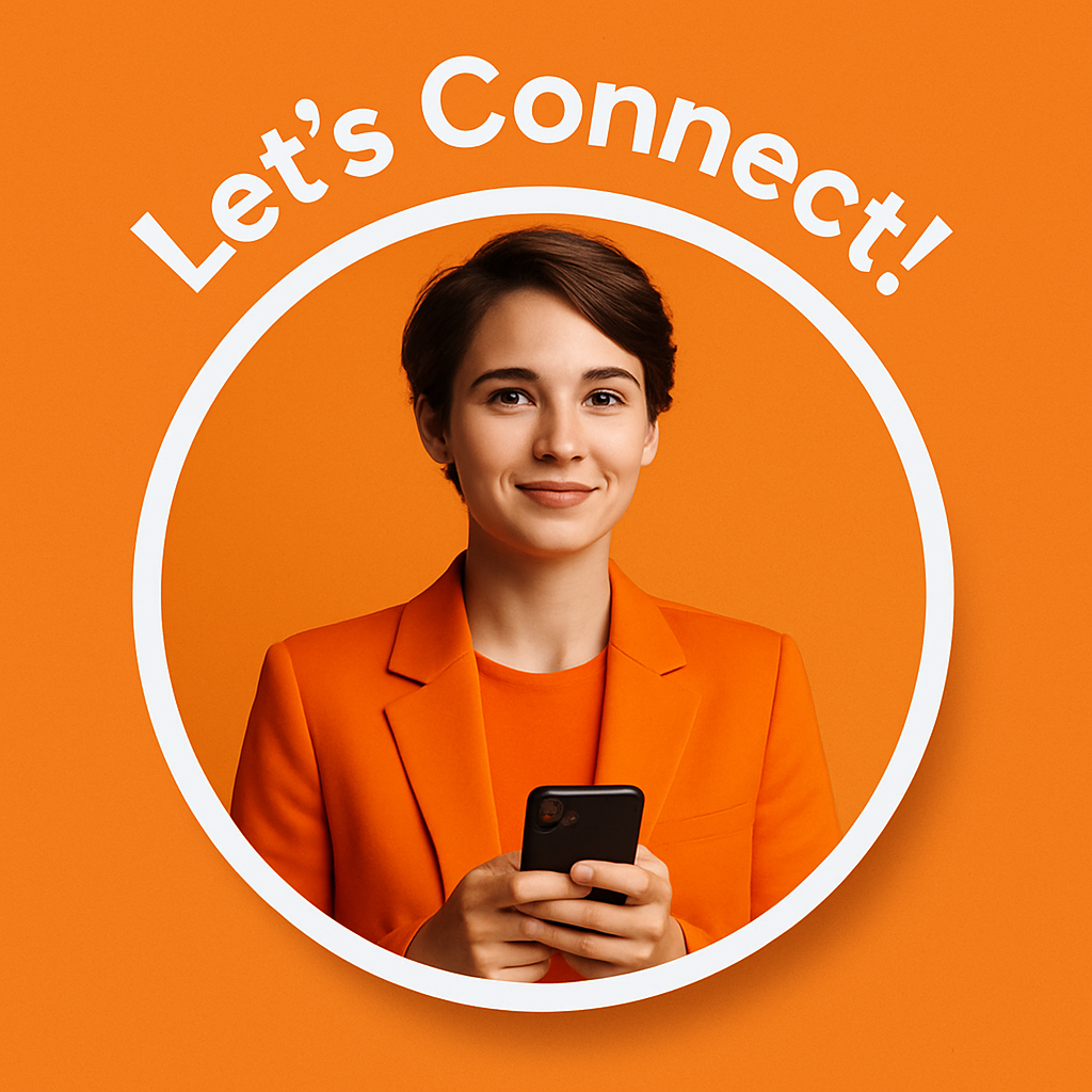 Modern circular orange-themed portrait — cohesive color scheme, friendly branding profile image.