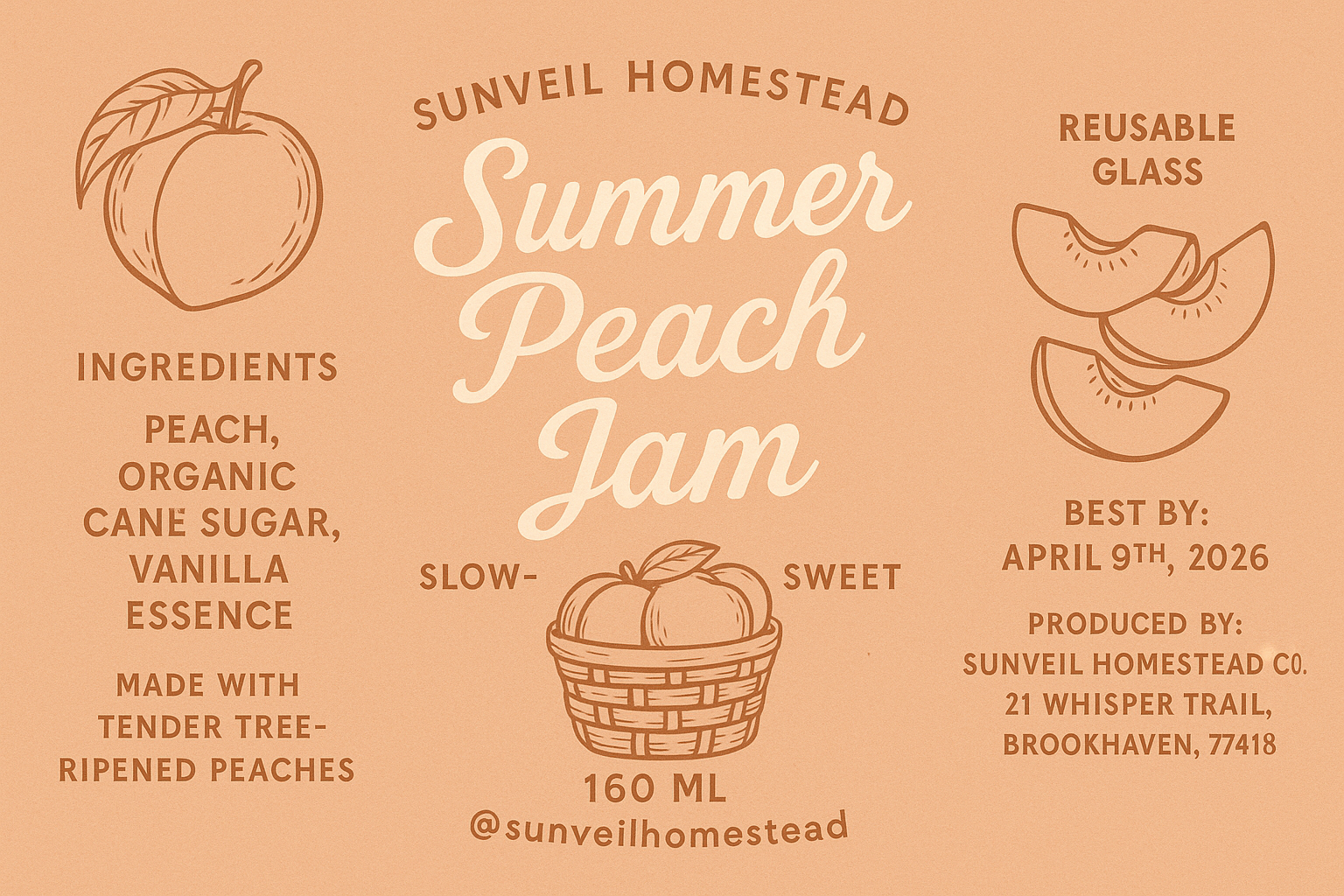 Full-bleed 16:9 peach jam label — warm cream and brown tones, elegant Sunveil Homestead branding with fruit illustration details.