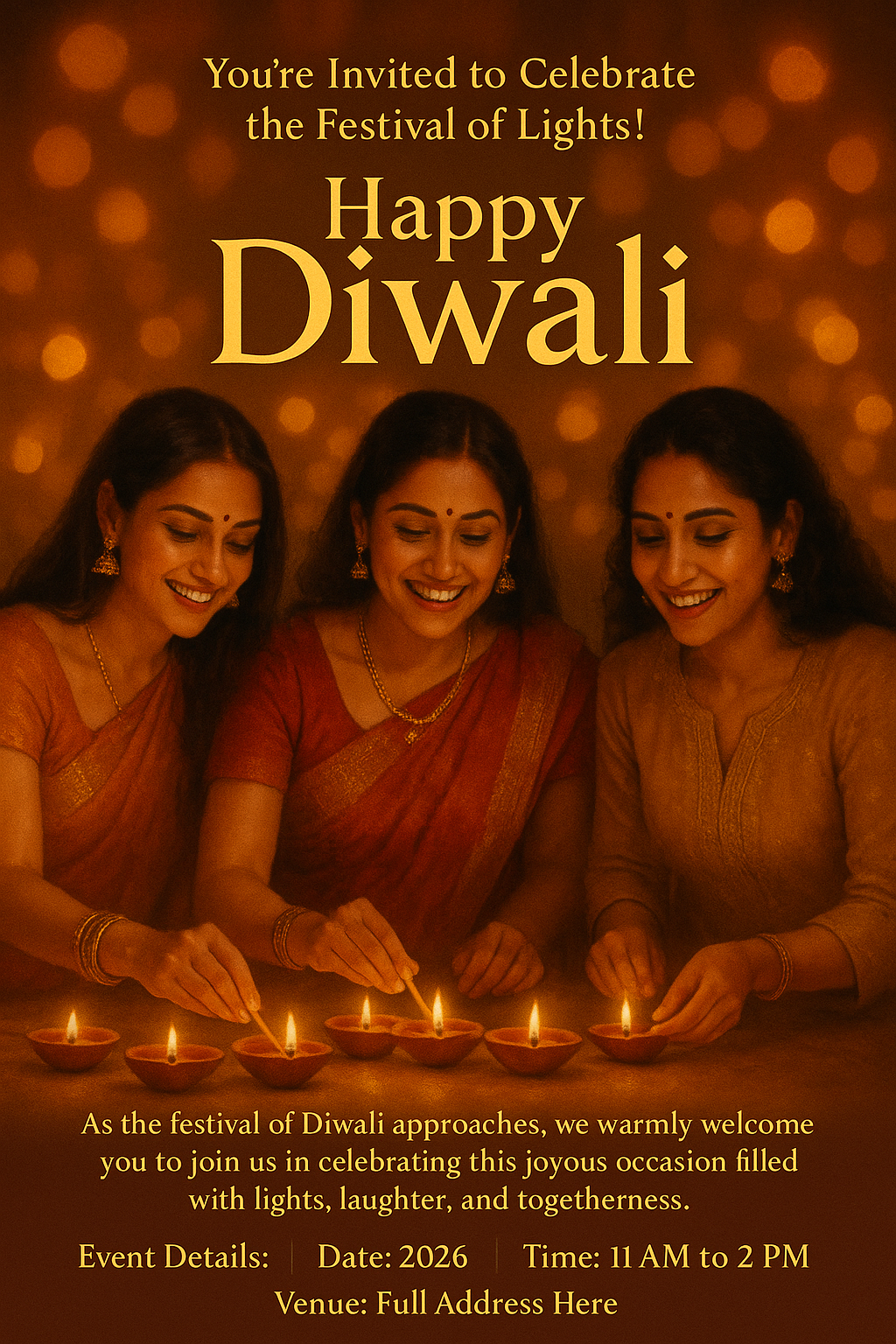 Vibrant Diwali celebration poster — women lighting diyas, golden bokeh, festive typography, warm tones.