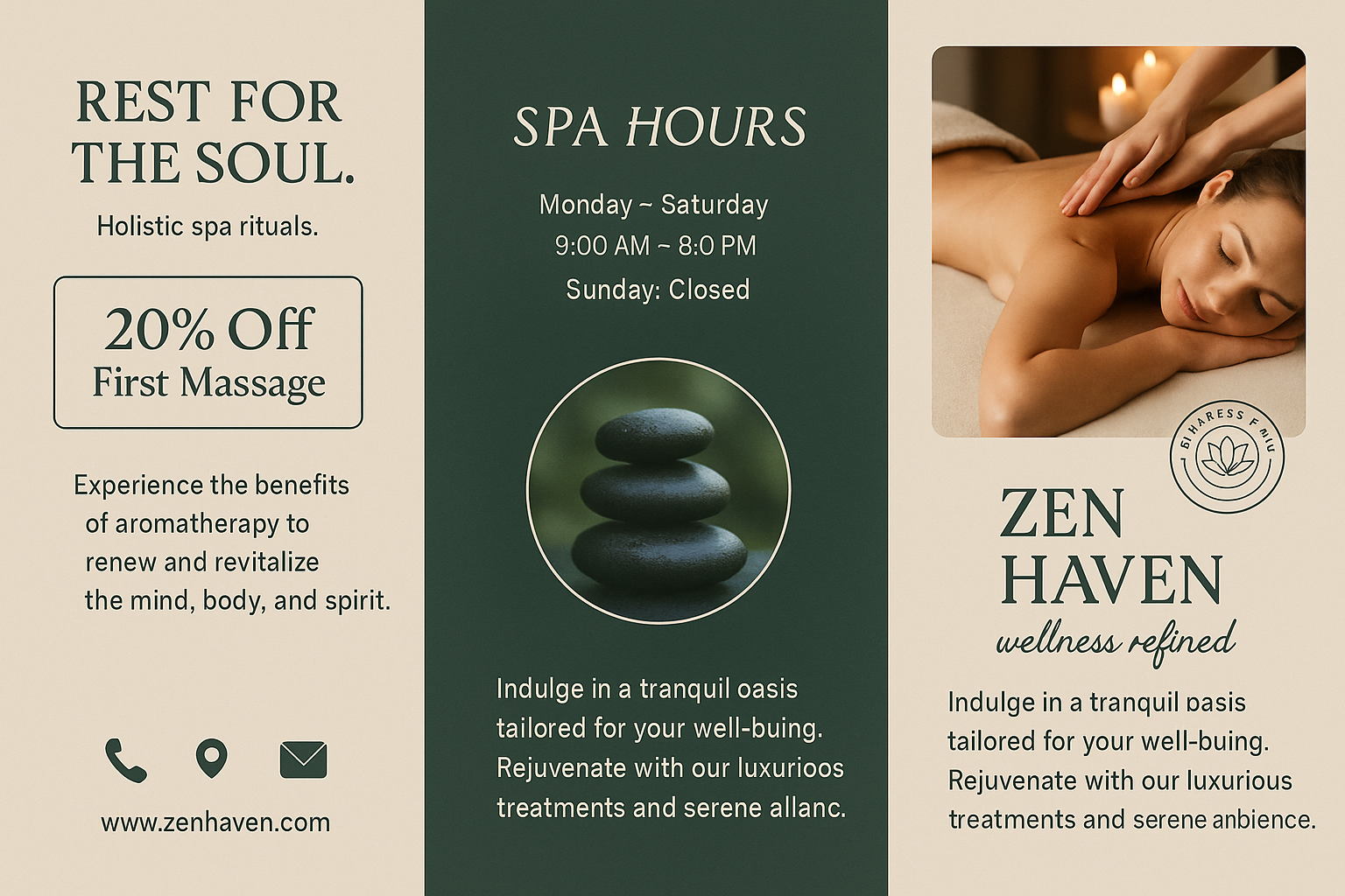 Full-bleed 16:9 spa tri-fold brochure — beige and forest-green palette, premium wellness branding with elegant design.