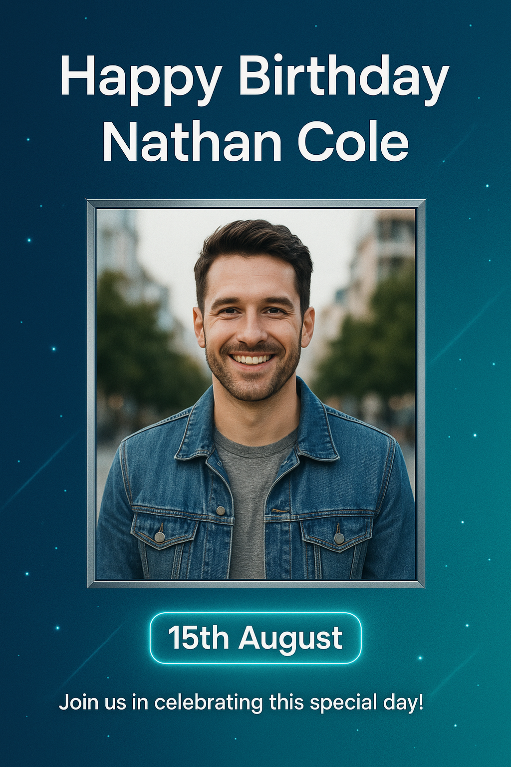 Modern teal birthday poster with portrait and geometric design