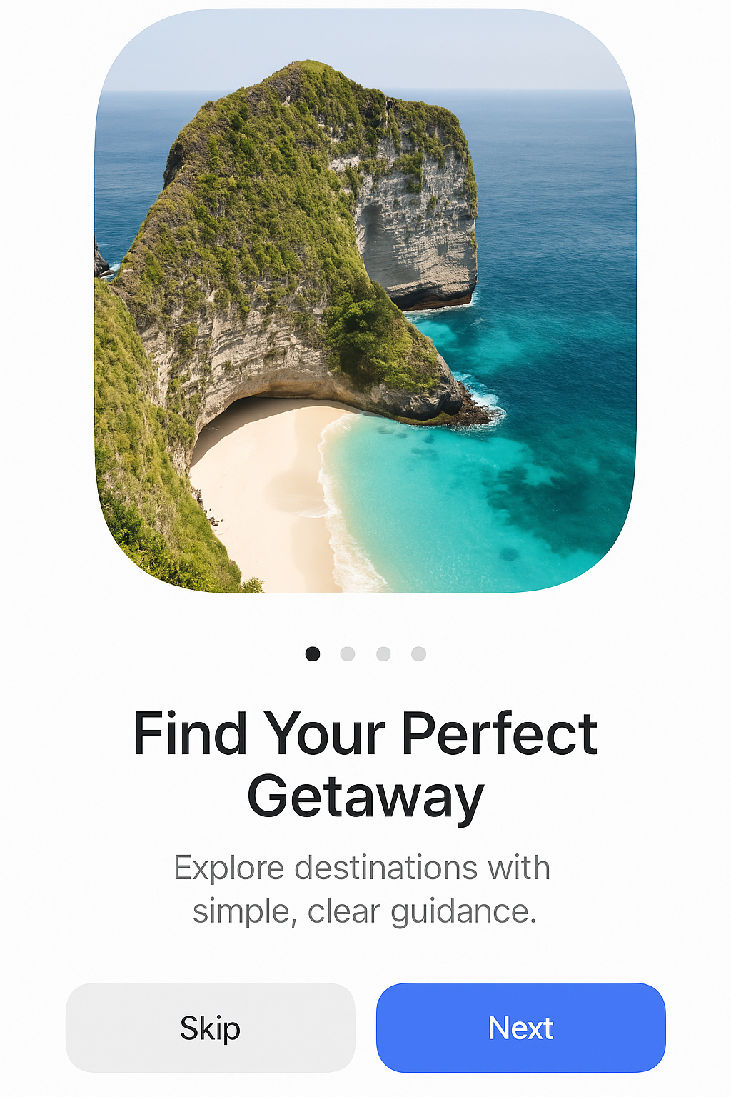 Tropical travel onboarding screen — turquoise beach, clean interface, skip and next buttons.